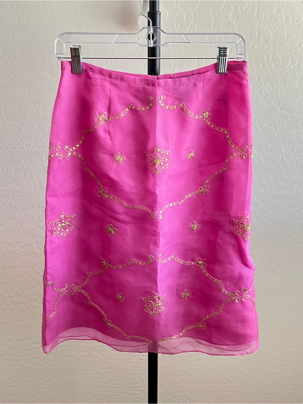 Vintage Ann Taylor Pink Silk Midi Skirt With Gold Embellishment